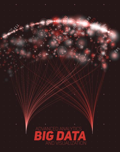 Vector abstracto colorido de visualização de classificação de informação de big data. Rede social, análise financeira de bases de dados complexas. Clarificação da complexidade da informação visual. Gráfico de dados intrincados.